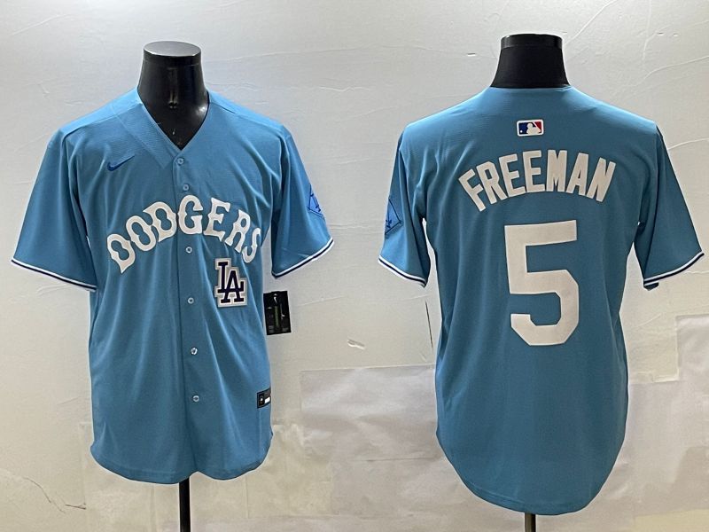 Men Los Angeles Dodgers 5 Freeman Light Blue Throwback Game 2025 Nike MLB Jersey style 25